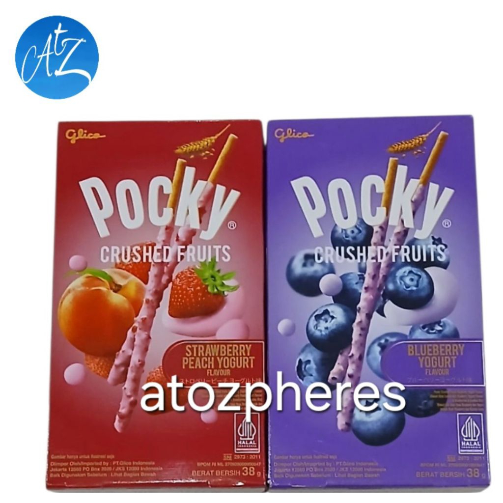 

Biskuit stik salut dengan rasa buah stroberi persik bluberi yoghurt dan butiran kukis halal MUI Glico Pocky STRAWBERRY PEACH BLUEBERRY YOGURT flavour flavor & COOKIES BITS biscuit stick sticks 38g
