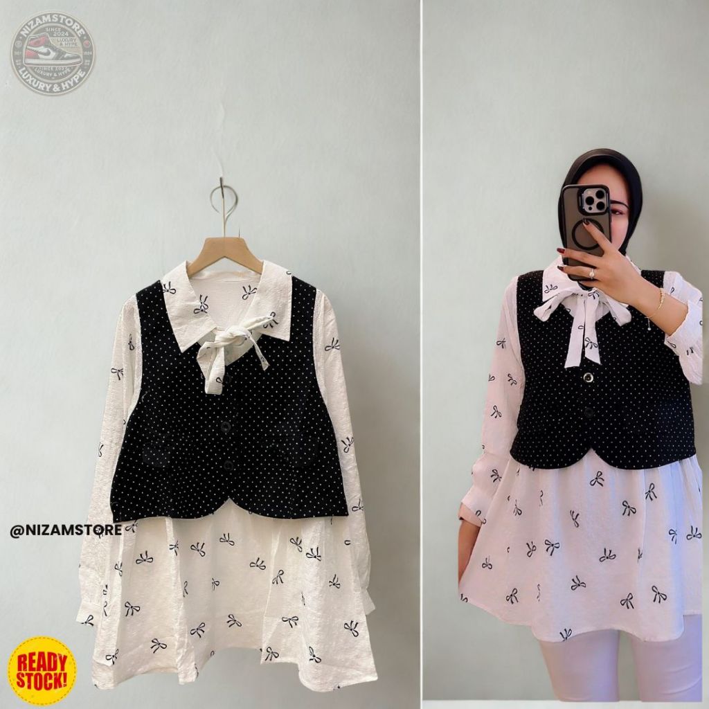 Tunik Wanita Katun Niagara Kombinasi Rompi Polkadot Elegan - Atasan Modis Kekinian Hijab Lengan Panj