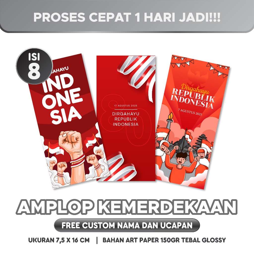 

(ISI 8 PCS) AMPLOP KEMERDEKAAN CUSTOM | HUT Dirgahayu RI Doorprize Merdeka | GEBYAR SET