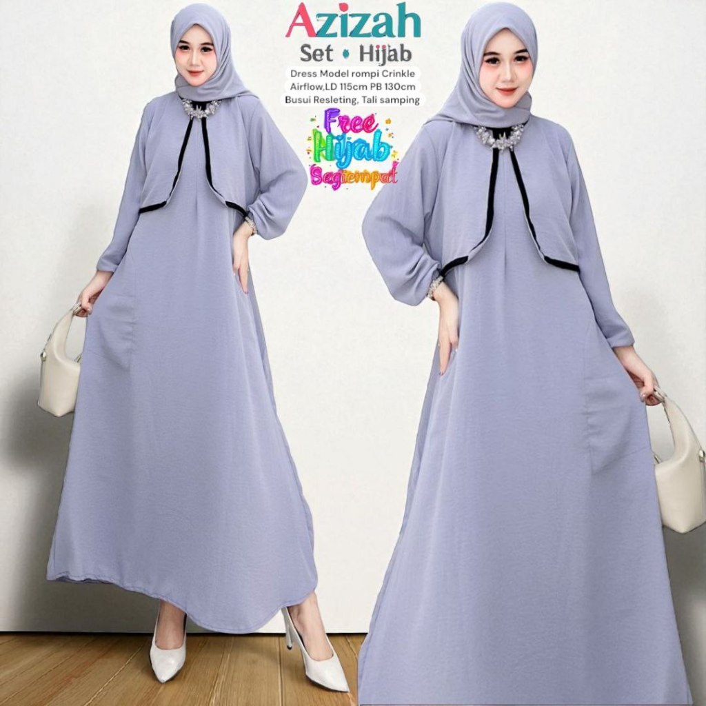 Azizah Dress Set Hijab - One Set Wanita Kekinian Crinkle Airflow Setelan Wanita Rompi LD 115 cm