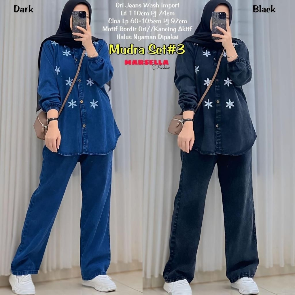 mudra one set marsela kemeja putih wanita celana jeans kulot kemeja jeans bordir ones set denim vest