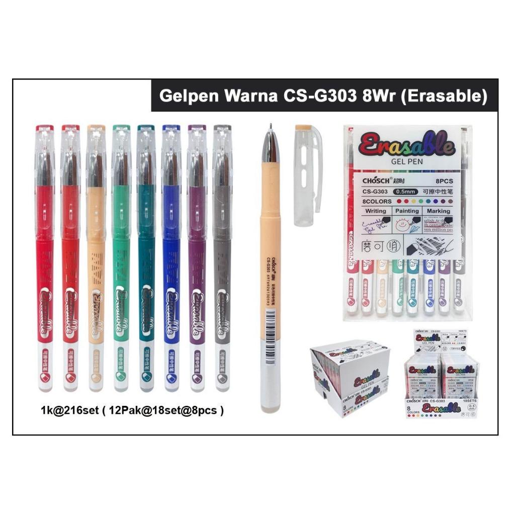 

ballpoint hapus eraseable pen isi 8 warna merek chosch ( warna warni) cs g 303 model tutup