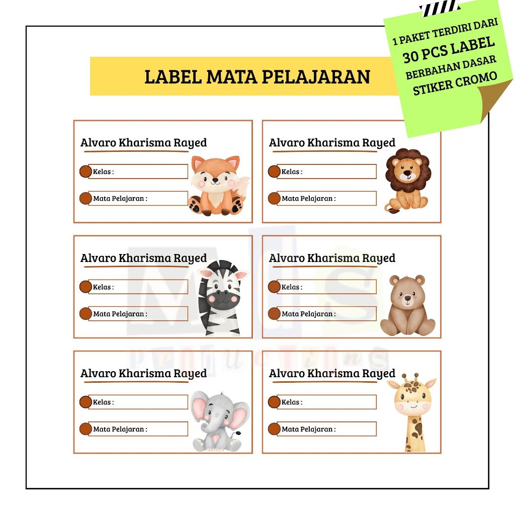

30 PCS STIKER LABEL MATA PELAJARAN SEKOLAH TEMA HEWAN