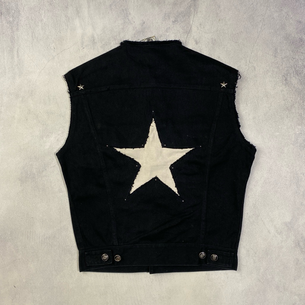 Vintage Keystation UK Punk Star Studded Black Denim Vest Casual Harrington Rompi Work Jacket