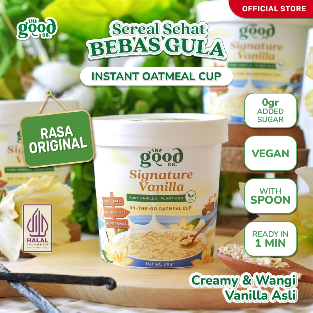 

The Good Co. Instant Oatmeal dalam Cup - Oatmeal "ENAK BANGET" Tanpa GULA - Signature Vanilla 60 g | Vanilla Tahiti ASLI | VEGAN