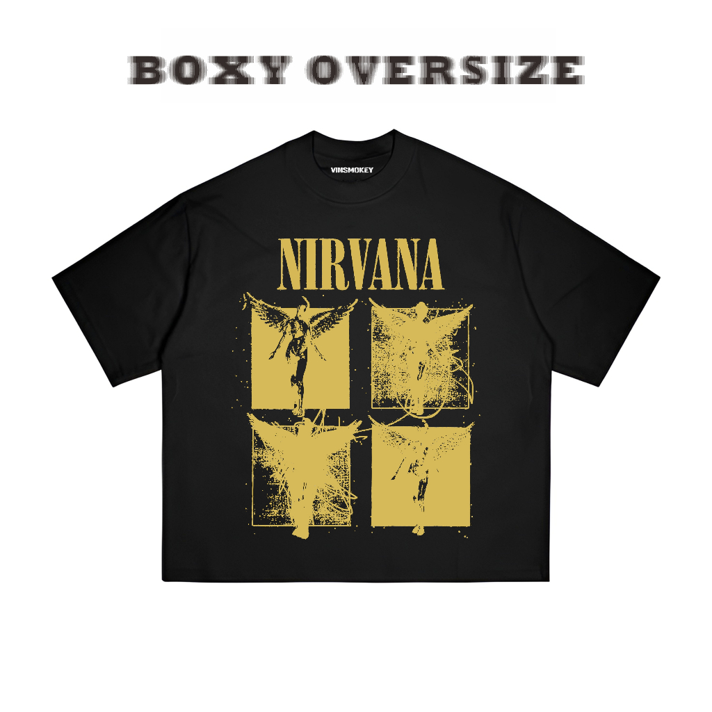 Vinsmokeytees - Tshirt Boxy Oversize Nirvana Sayap Angel Design Kaos Hitam Pria Wanita