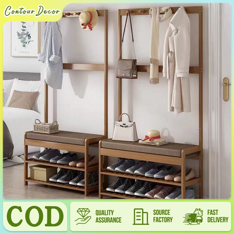 Bangku Kayu Multifungsi + Bantalan Empuk | Rak Sepatu Tersembunyi & Tempat Duduk Nyaman