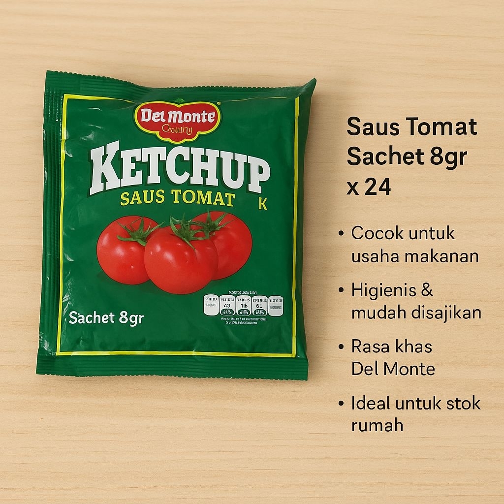 

Del Monte Saus Tomat Sachet 8gr x 24 | Ketchup Praktis untuk Makan & Usaha