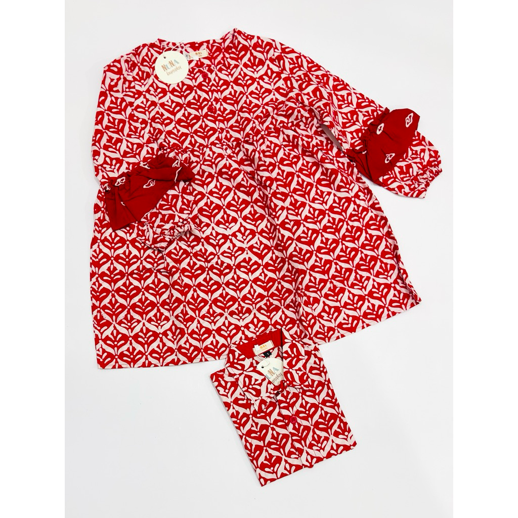 kemeja batik couple anak dan tunik anak, hijau botol, merah