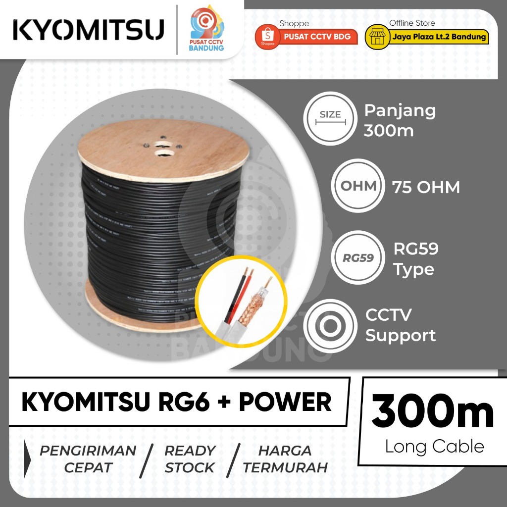 Kabel Coaxial CCTV Kyomitsu RG6 Power 300 Meter Hitam Kabel CCTV Outdoor Untuk DVR Kamera CCTV Analo