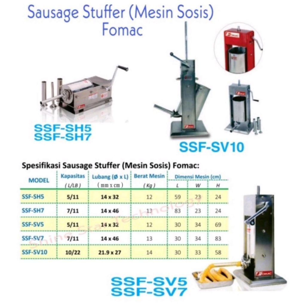 Fomac Sausage Stuffer SSF-SH5 SSF-SH7 SSF-SV5 SSF-SV7 SSF-SV10 Mesin Sosis Manual