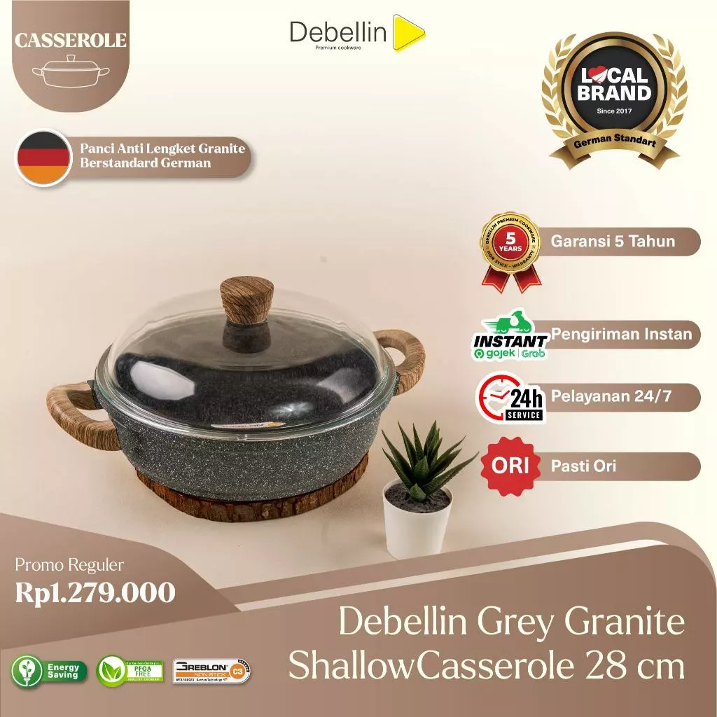 Debellin Shallow Casserole 28 Cm - Grey Granite Cookware Series atau Panci Anti Lengket Premium / De