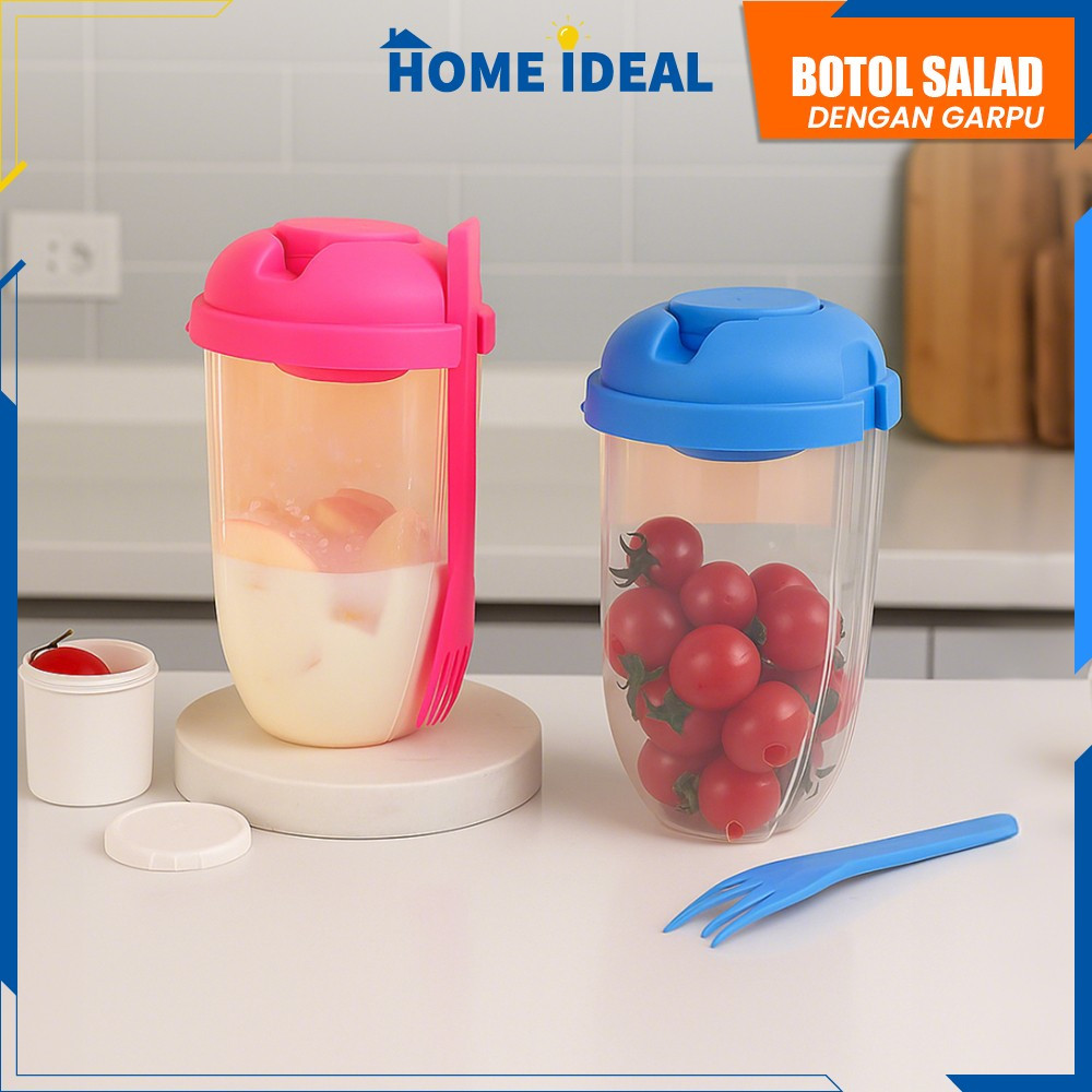 Botol Salad Transparan 1000ML dengan Sendok Garpu Portable / Gelas Salad Plastik Set Botol Saus Keci