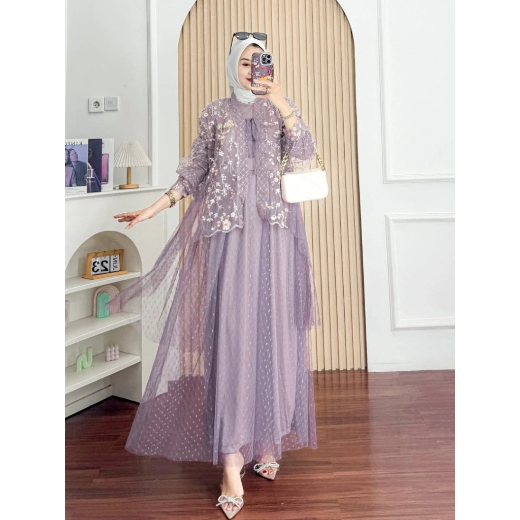 Gamis brookat set outer kondangan mewah wanita terbaru 2025 dewasa kekinian/Muthia dress lebaran 202