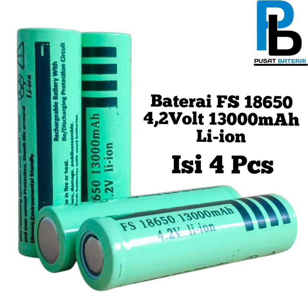 Baterai Charger Atau Baterai Cas Li-ion FS 18650 Hijau Muda 4.2Volt 13000mAh Isi 4 pcs