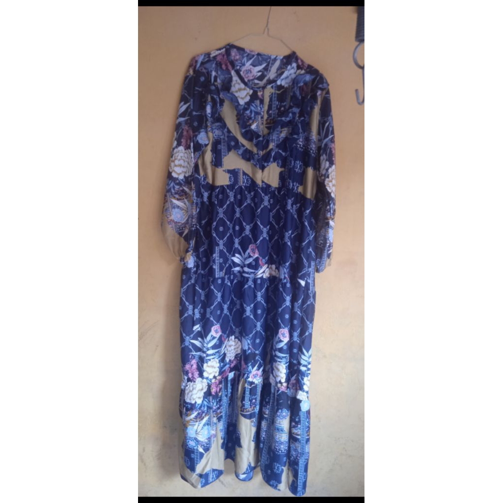 gamis biru motif bunga Ld 110