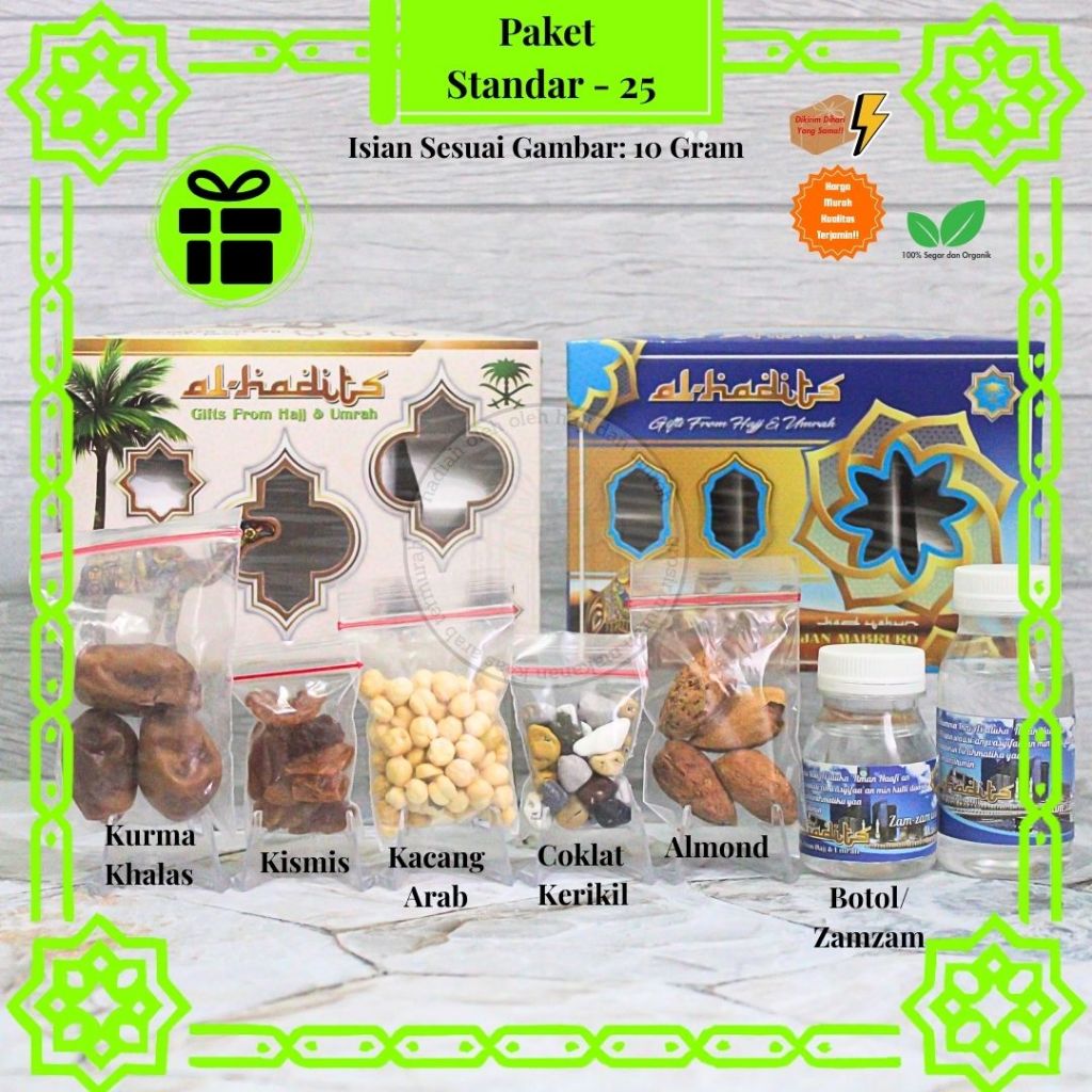 

Paket Oleh Oleh Haji dan Umroh isi 10gr Hemat dan Lengkap + Air zamzam / Botol Kosong + coklat Arab