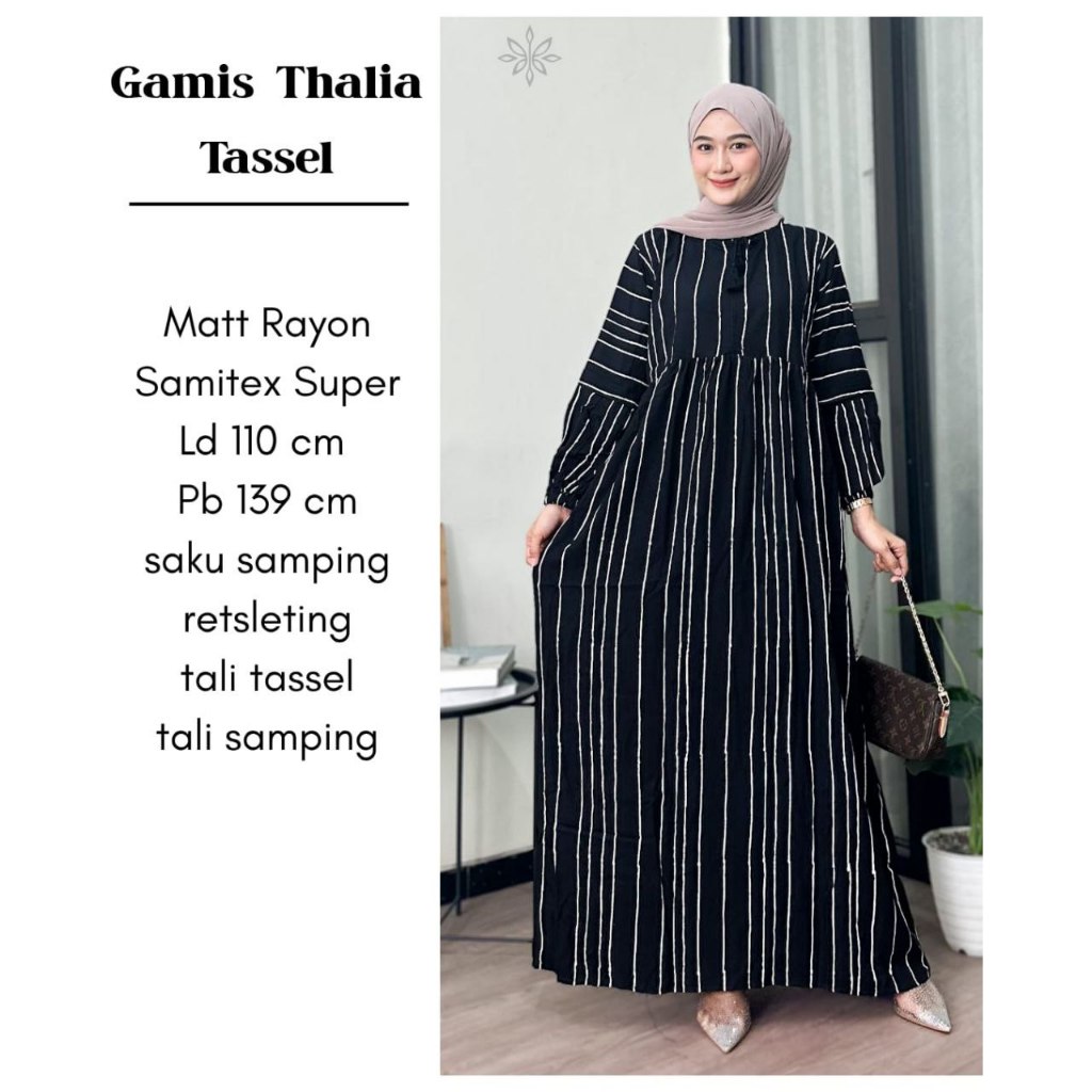 Gamis Thalia Tassel Hitam Putih Bunga Garis Batik Cap