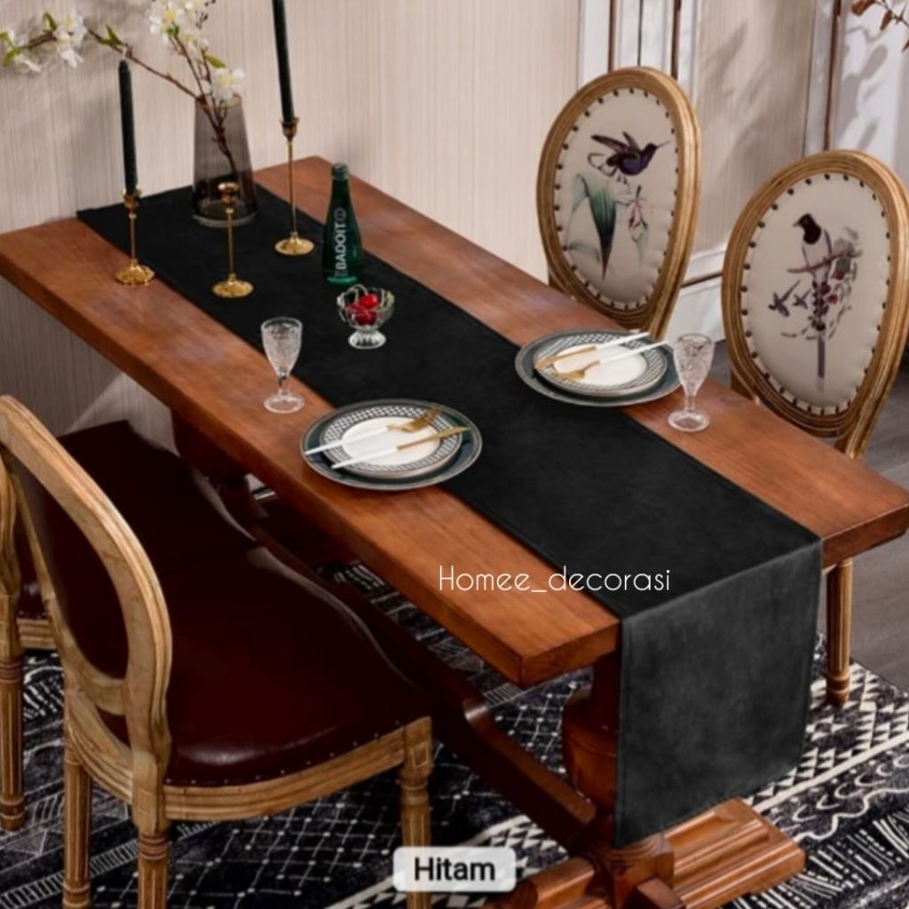 taplak meja atau table Runner bahan Suede premium polos hitam