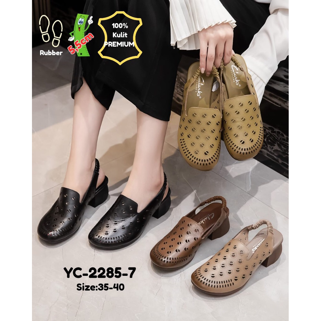 Sandal Wanita CLRK YC2285-7 Slingback Real Leather Block Heels Sandal 5.5cm Kulit Asli 100% Import