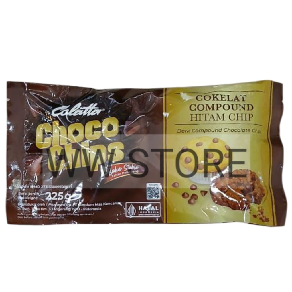 

Coklat cokelat paduan hitam chip TAHAN PANGGANG halal MUI Colatta BAKE STABLE Dark Compound Chocolate Choco Chips 225g