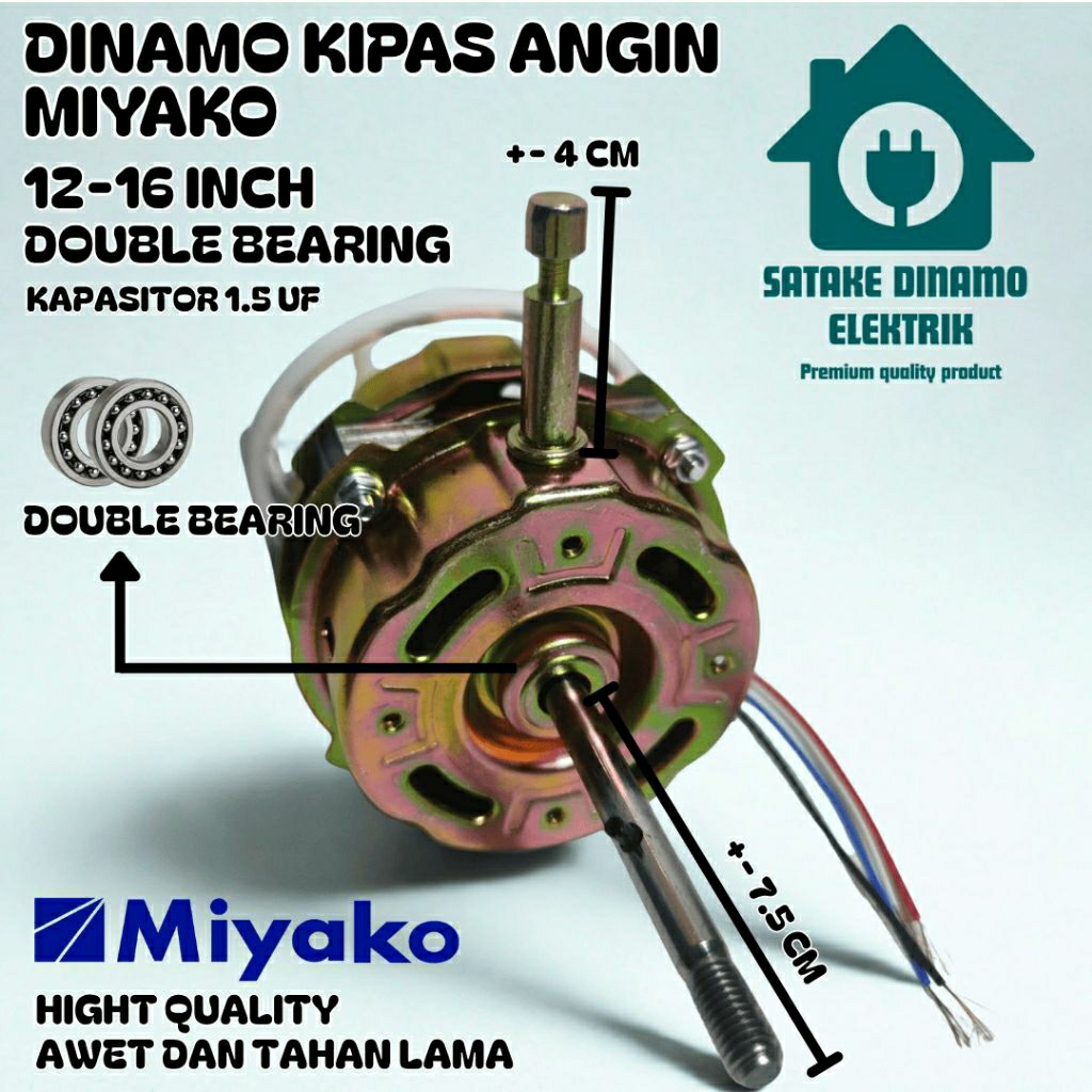 DINAMO KIPAS ANGIN MIYAKO DOUBLE BEARING 12-16 INCH KAPASITOR 1.5 UF HIGH QUALITY