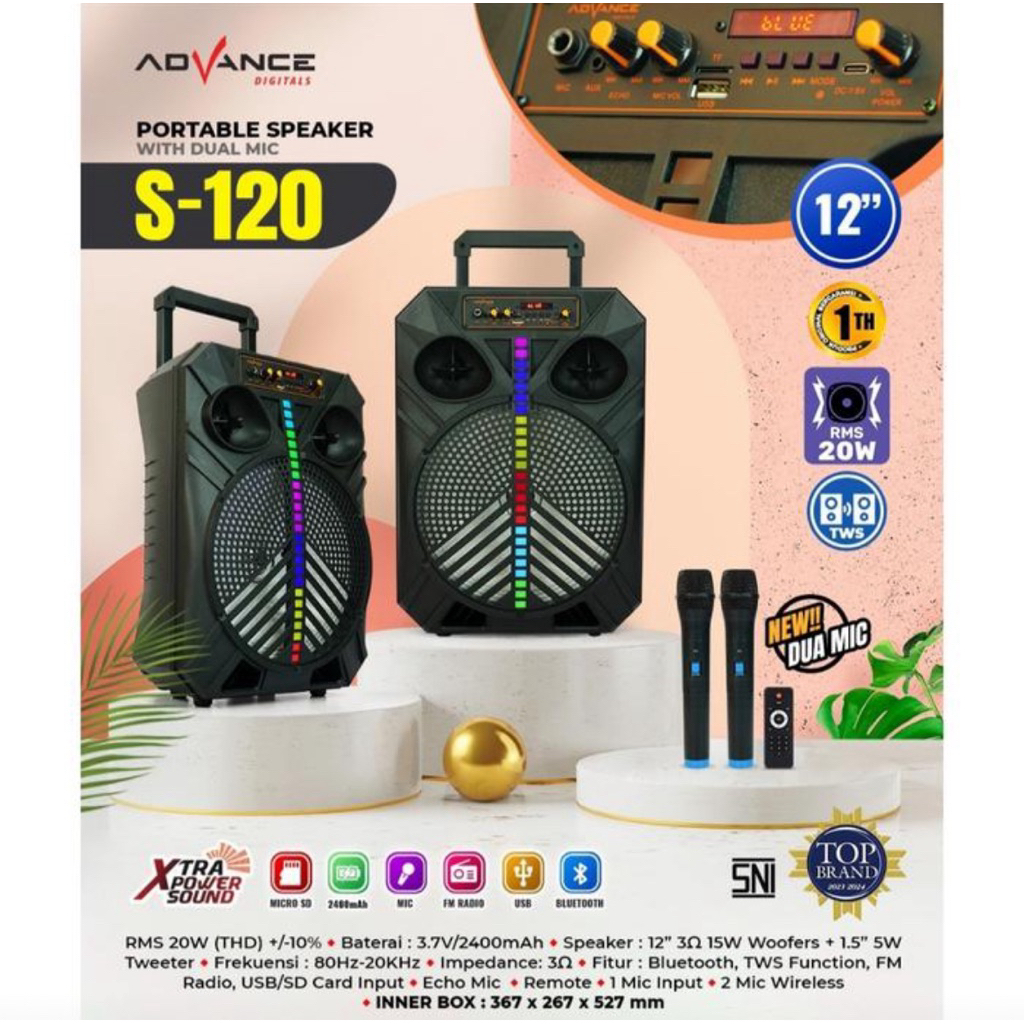 ADVANCE PORTABLE SPEAKER S120 - SPEAKER TROLLEY ADVANCE 12 INCH PLUS 2 MIC - SPEAKER ADVANCE 2 MIC W