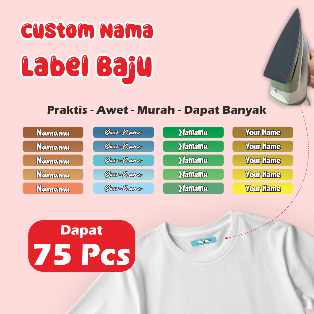 

Sticker Label Nama Kain Baju 75 Pcs Kaos Sablon Setrika DTF Iron Custom Tulisan Contour Tebal