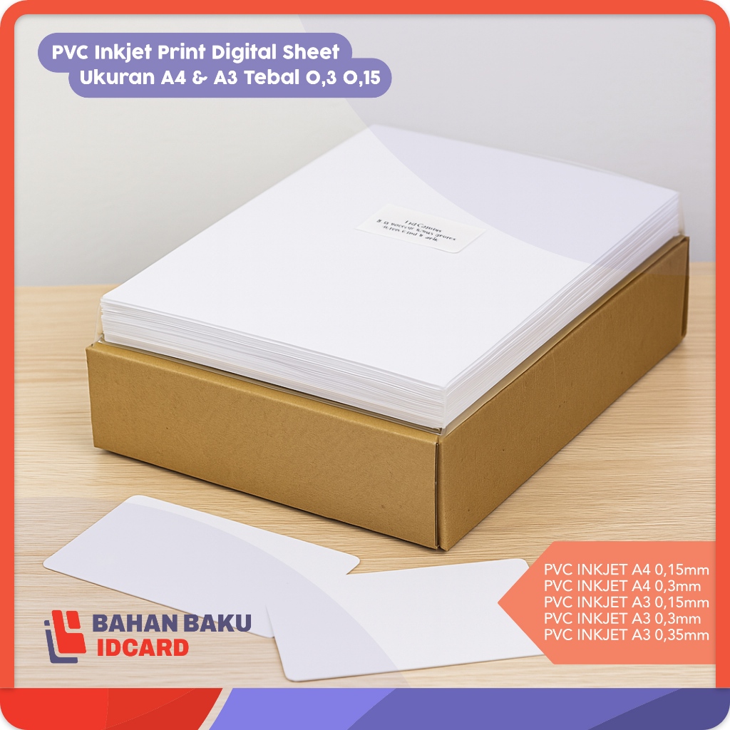 

Bahan id card pvc inkjet print digital sheet, bahan id card press oven ukuran A4 & A3 tebal 0,3 0,15