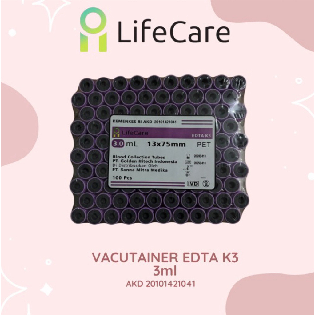 Lifecare Vacutainer EDTA K3 , tabung tutup ungu , Blood collectiom tube EDTA K3 3ml