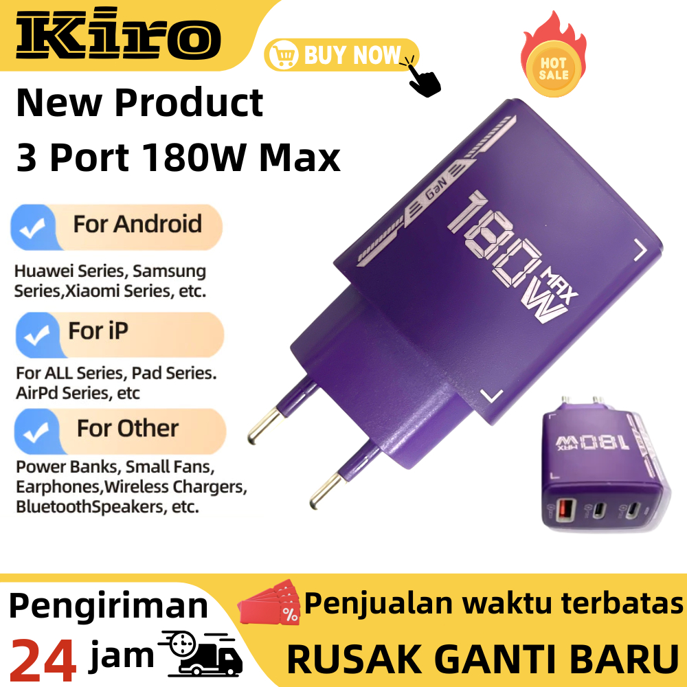 Kepala Charger 3 in 1 Fast Charging 180W - 2 Type C + 1 USB-A, Ungu Stylish, Untuk iPhone 15/14/13, 