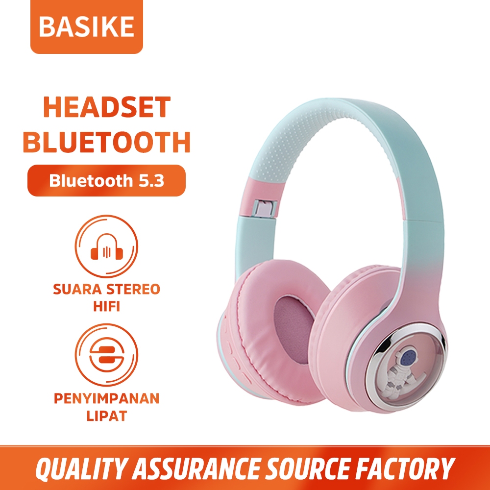 BASIKE Headphone Wireless Bluetooth Makaron Lucu Headset Noise Cancelling Gaming Bass Original