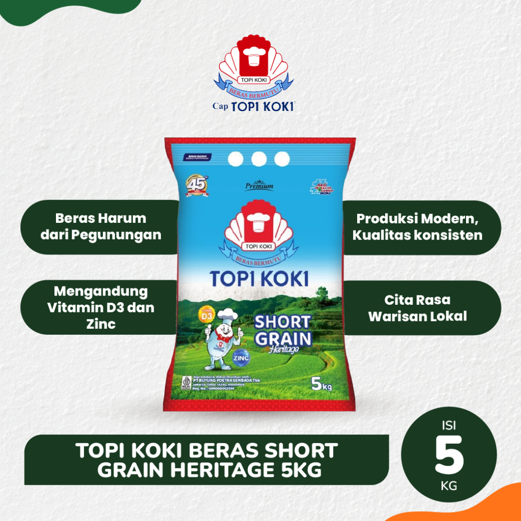 

Topi Koki Beras Harum Kemasan Biru / Topi Koki Beras Short Grain Heritage 5kg
