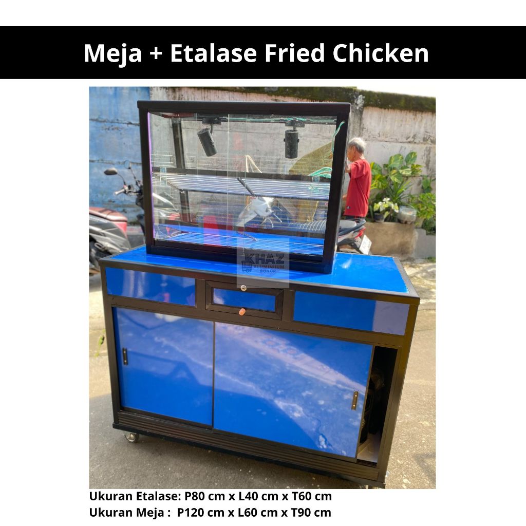 Meja Etalase Fried Chicken Aluminium P120xL60xT90cm + Etalase Kaca P80xL40xT60cm