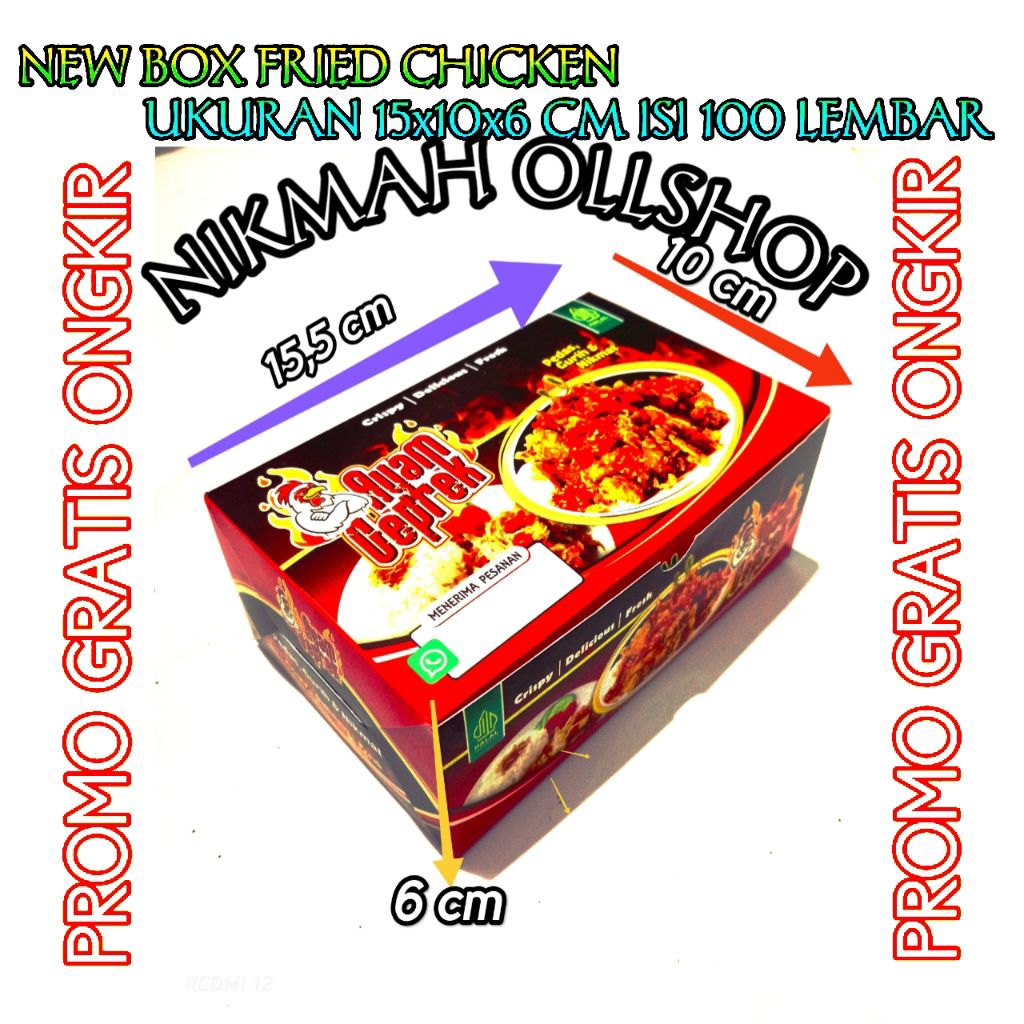 

DUS AYAM GEPREK 100 LEMBAR MURAH / BOX AYAM GEPREK 15 x 10 x 6 cm