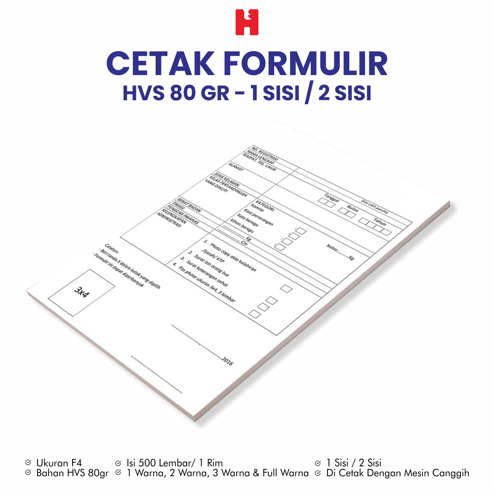 

Cetak Formulir Custom Bahan HVS 80gr - Ukuran F4 *Isi 500 Lembar
