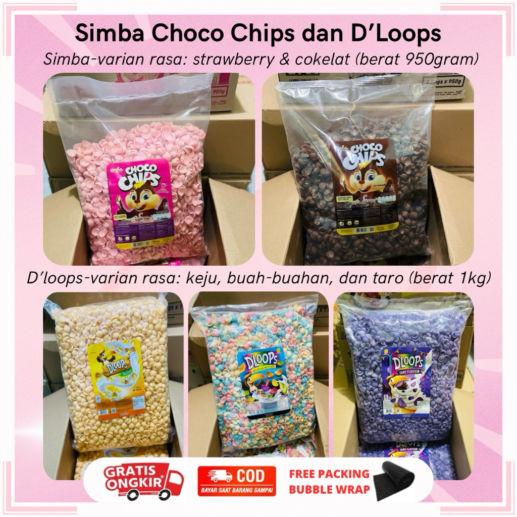 

SIMBA CHOCO CHIPS 950GRAM | D’LOOPS SEREAL 1KG | CHOCO CRUNCH