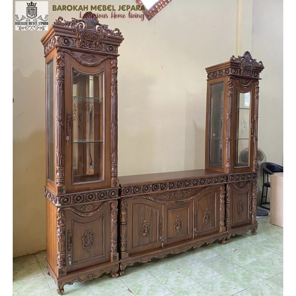 bufet tv jati ukir jepara model pisah meja tv dengan rak hias kaca kabinet kayu jati modern ukiran