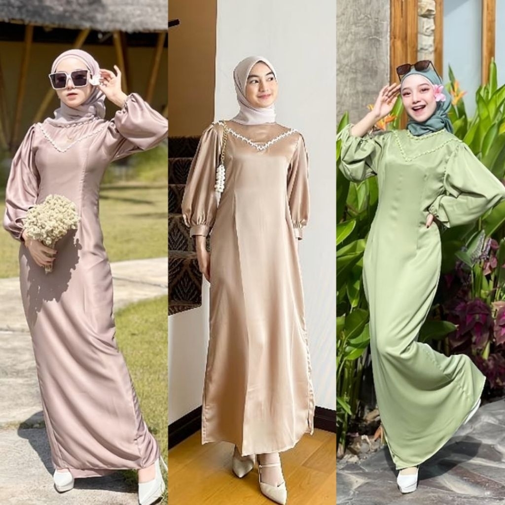 Calendula Dress Gamis Gaun Satin Silk Premium Lengan Panjang Polos Maxi Jumbo Simpel Elegan Casual K