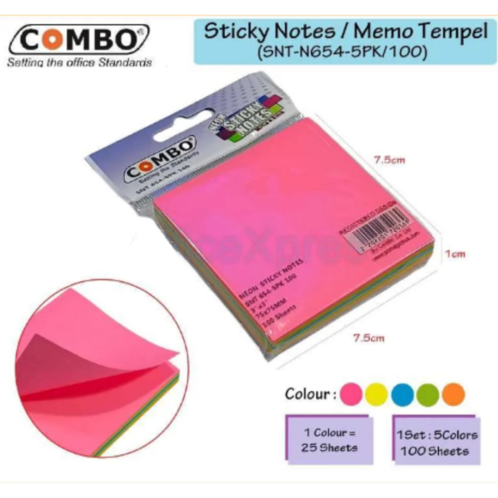 

Sticky Notes COMBO SNT-654-5PK Neon | Memo Tempel 3x3 Inch | 100 Lembar 5 Warna