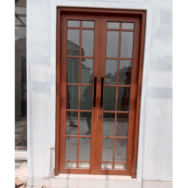 Pintu Aluminium double serat kayu kaca full ornament