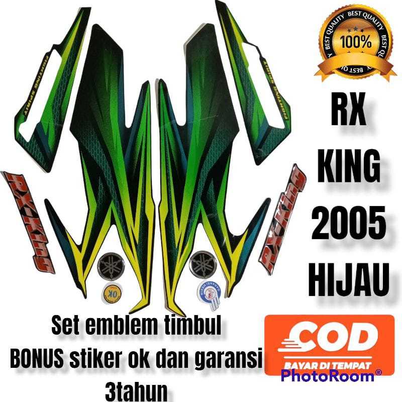 striping rx king 2005 hijau set emblem timbul, stiker lis body rx king 2005 hijau komplit emblem tim