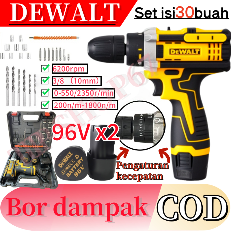 DEWALT Mesin Bor Baterai Cordless Drill 10MM Bor Tangan Bor cas murah komplit Bisa besi beton kayu B