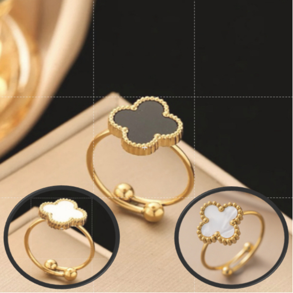 CA01 - Cincin Korea Viral Clover Daun Semanggi Wana Hitam dan Putih Adjust Boba Ring Tipis / Perhias