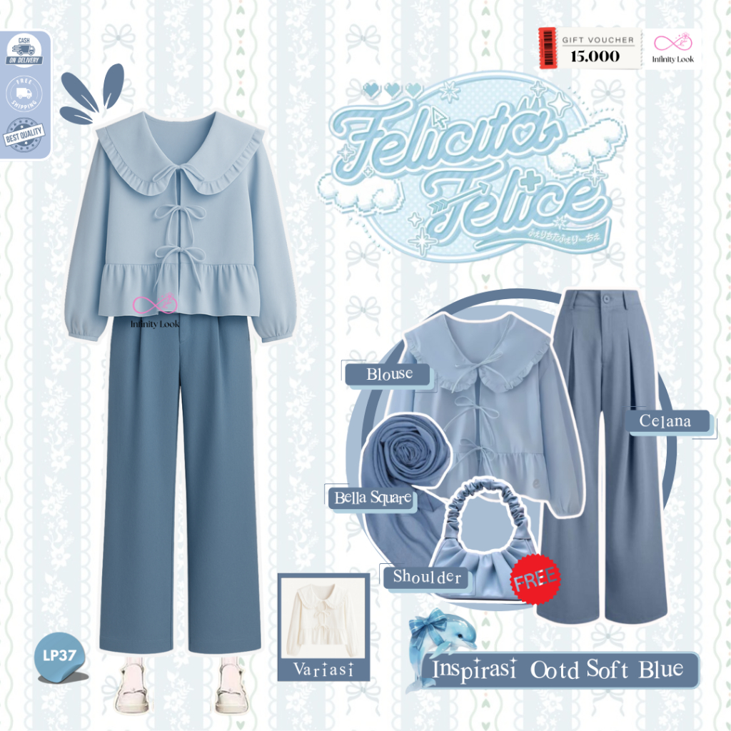 INFINITY- One Set Wanita Korean Style  | Bella Square Denim,Blouse Elea Biru,Celana Jeenie Knit Biru