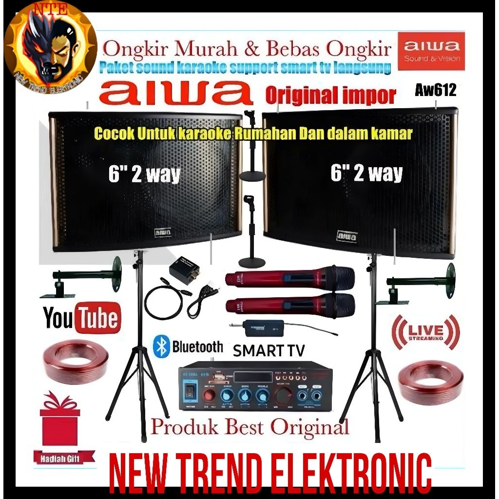 Paket Sound system Aw612 Aiwa 6inch Karaoke set mic wireless Charger Original