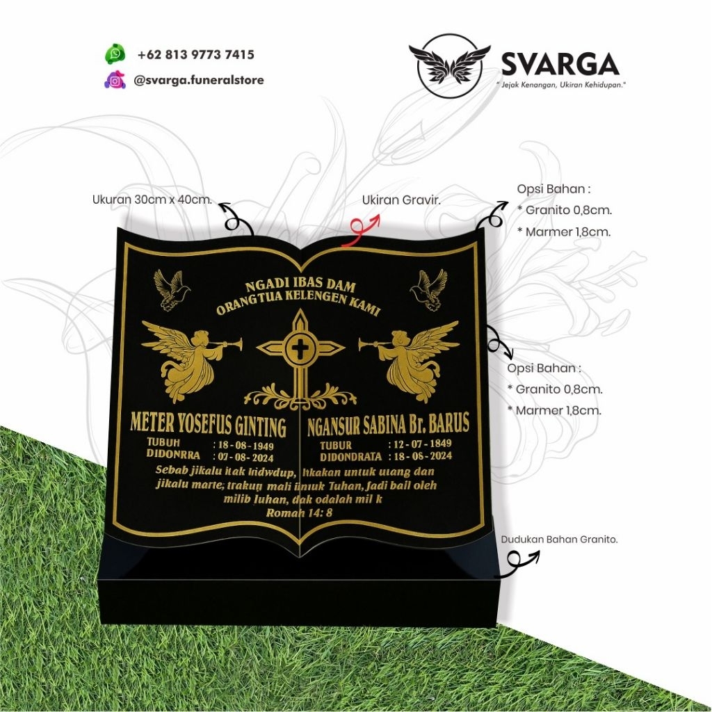 BATU NISAN DUDUK BENTUK KRISTEN BUKU 30x40cm | CUSTOM GRANITO / MARMER