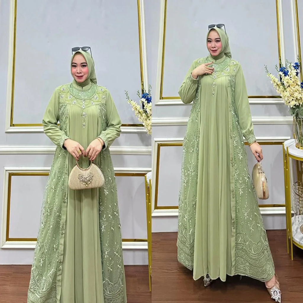 Amara Dress Terbaru 2026 Gamis Bunda Putri OOTD Bahan Ceruty Babydoll Full Puring Mix Brukat +Payet