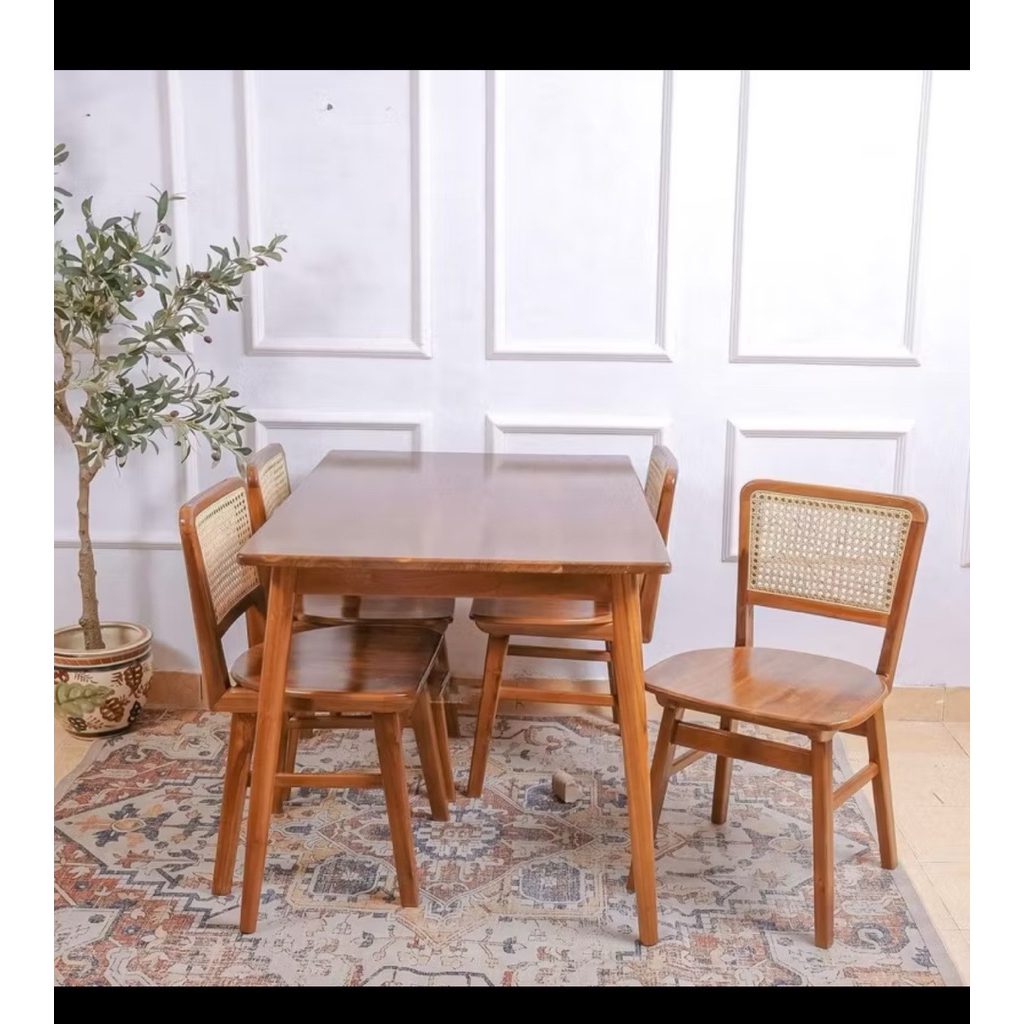 Meja makan rotan kayu jati Set kursi makan rotan 4 kursi jati Kursi makan cafe rotan jati