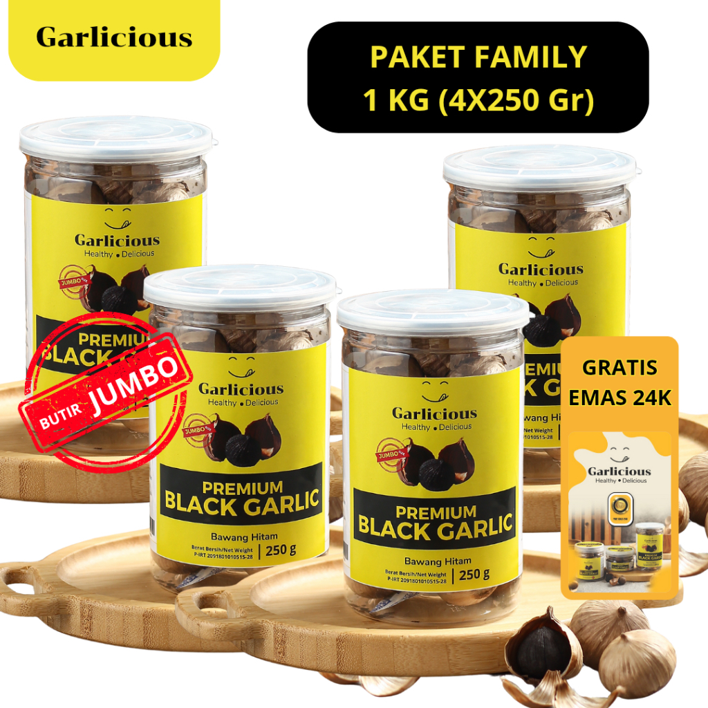 

Paket Keluarga 1 Kg | Black Garlic Premium JUMBO | GARLICIOUS Bawang Hitam Premium | Black Garlic Solo